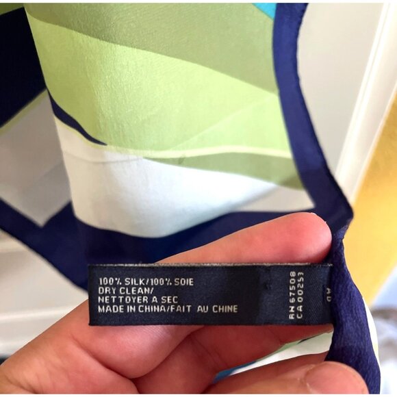 Vintage Anne Klein Silk Scarf Blue Green Geometric Stripes - Picture 3 of 4